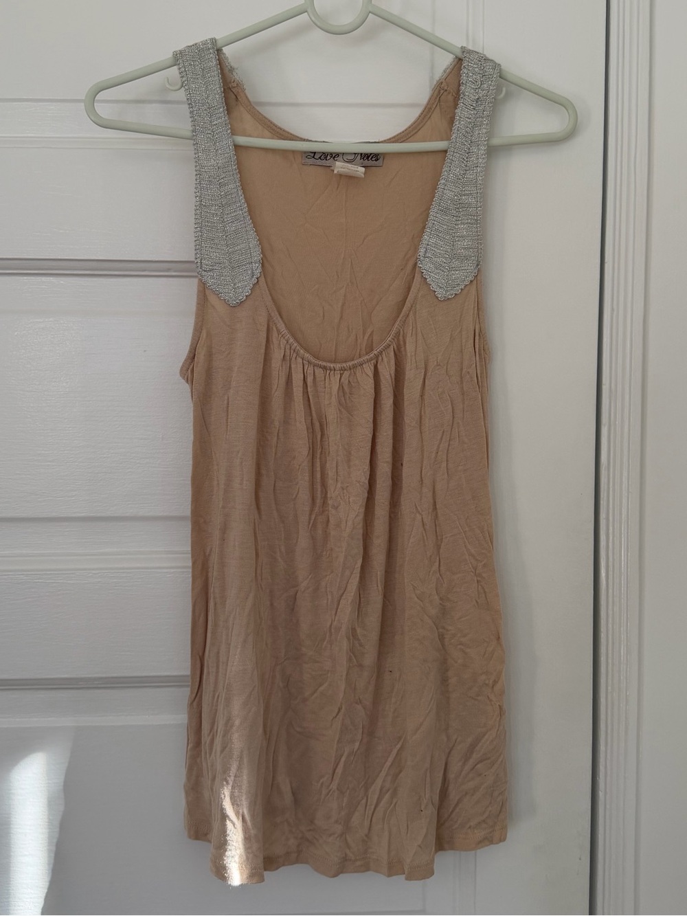 Love Notes Beige Tank Top with Silver Beaded Straps